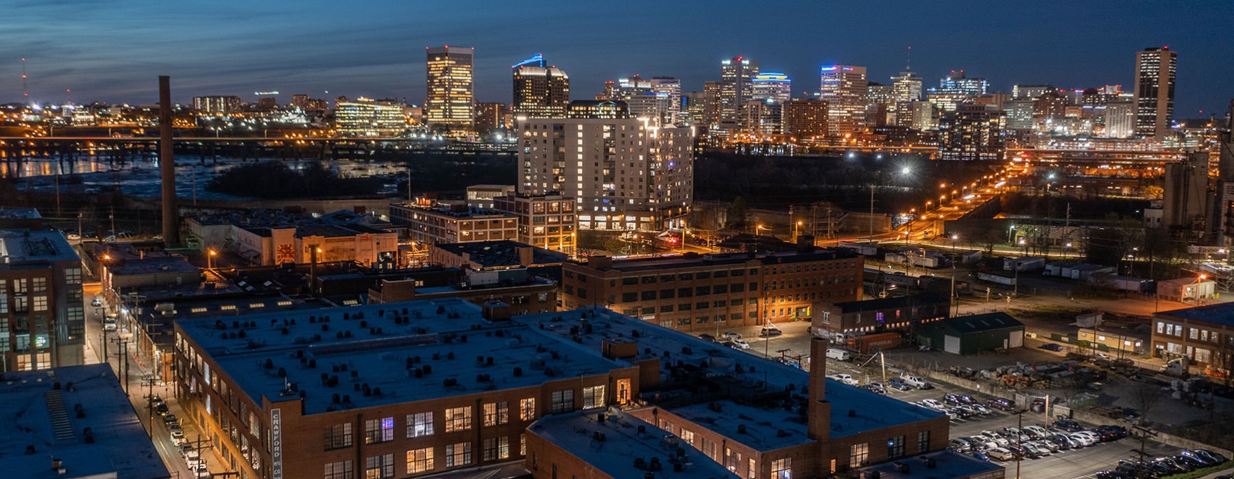 aerial view of a city at night